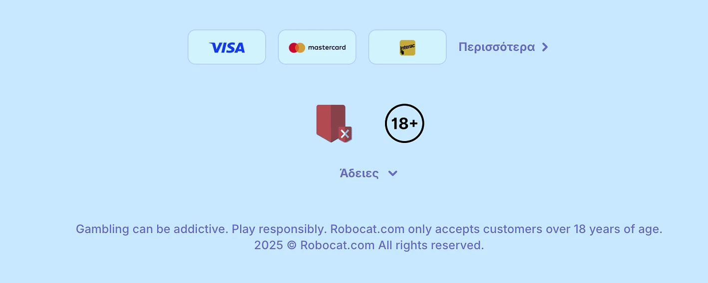 Πληροφορίες στο υποσέλιδο του RoboCat Casino σχετικά με τις πληρωμές και την ασφάλεια